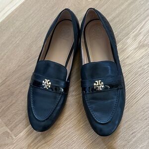 Tory Burch Black Leather Loafers with Gold Emblem